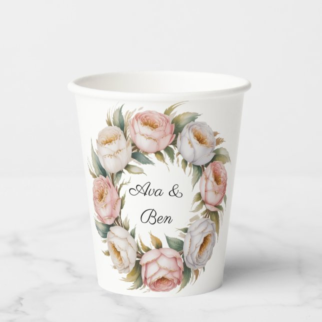 Blush and Ivory Rose Floral Wreath Wedding Paper Cups (Front)