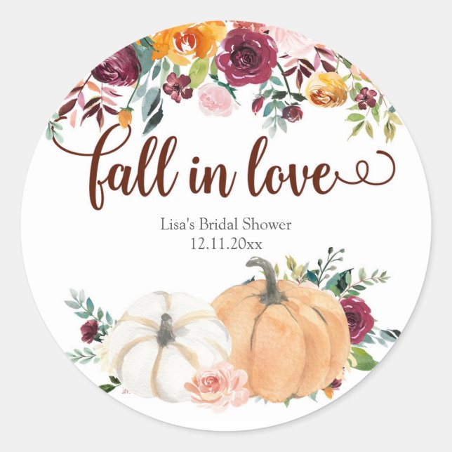 Blush and Marsala Fall in Love Pumpkin Classic Round Sticker (Front)