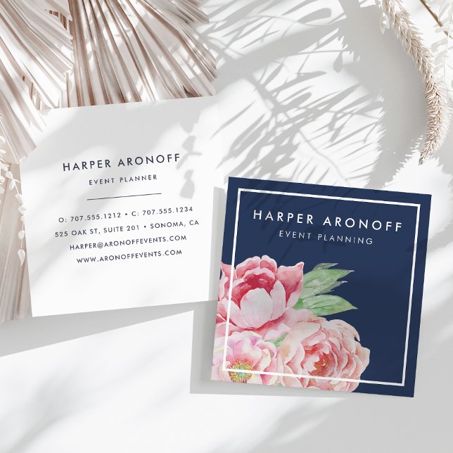 Blush and Navy Antique Peony Square Square Business Card (Creator Uploaded)