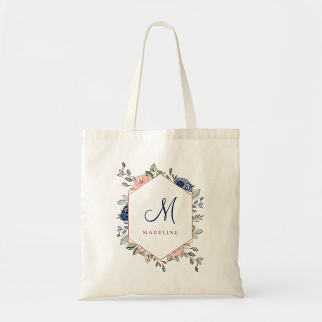 Blush and Navy Blue Floral Geometric | Monogram Tote Bag (Front)