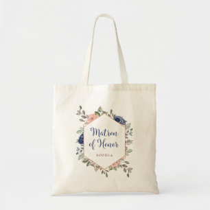Blush and Navy Blue Floral Matron of Honour Tote Bag