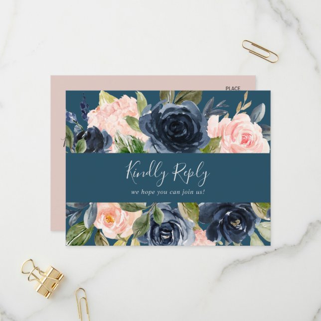 Blush and Navy | Blue Menu Choice RSVP Postcard (Front/Back In Situ)