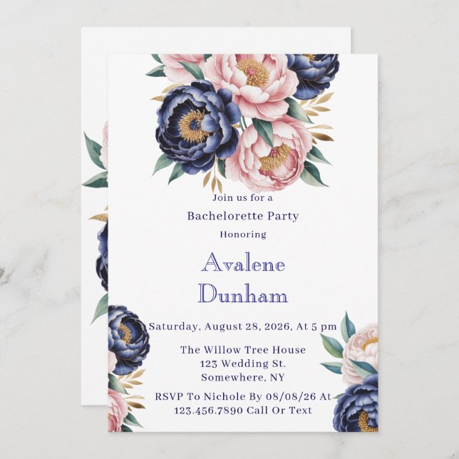 Blush and Navy Blue Peony Bachelorette Party Invitation (Front/Back)