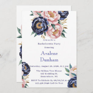 Blush and Navy Blue Peony Bachelorette Party Invitation