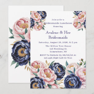 Blush and Navy Blue Peony Bridesmaids Luncheon Invitation