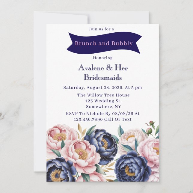 Blush and Navy Blue Peony Brunch and Bubbly Invitation (Front)