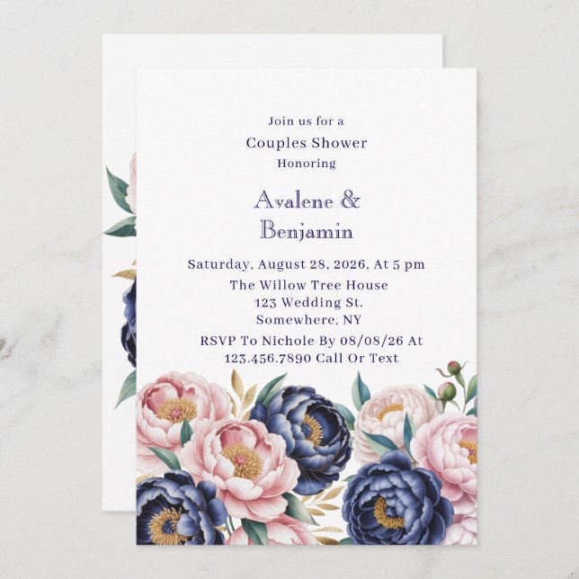 Blush and Navy Blue Peony Couples Shower Invitation (Front/Back)