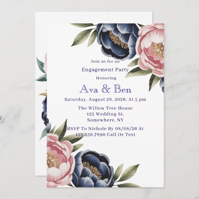 Blush and Navy Blue Peony Engagement Party Invitation (Front/Back)