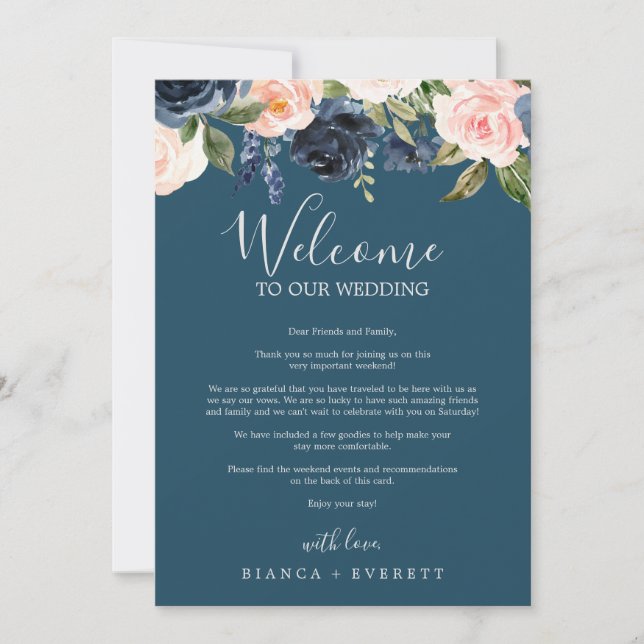 Blush and Navy Blue Welcome Letter & Itinerary (Front)