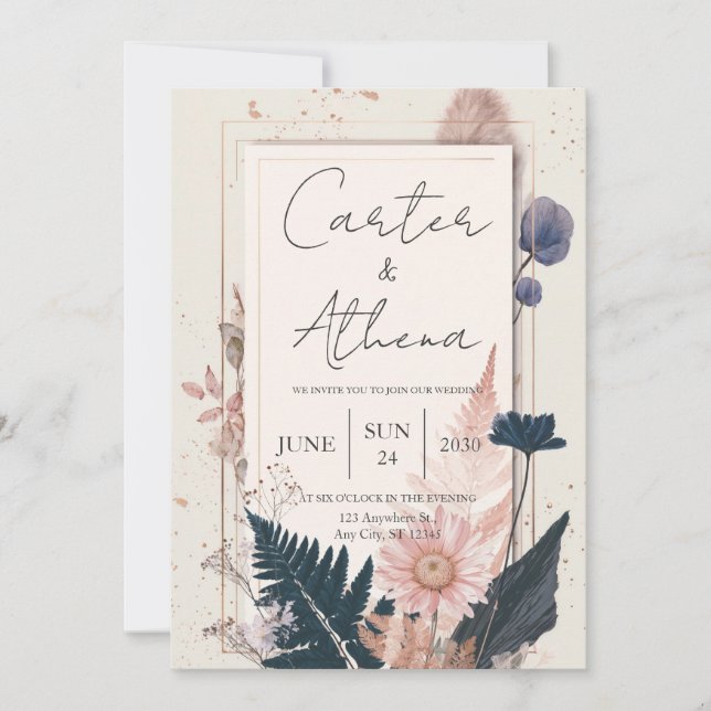Blush and Navy Botanical Wedding Invitation (Front)