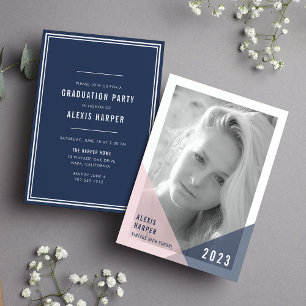 Blush and Navy Colorblock Photo Graduation Party Invitation