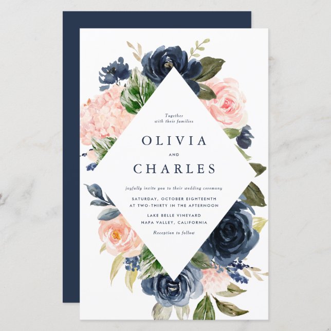 Blush and Navy Floral Frame Wedding Invitation (Front/Back)