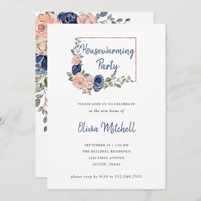 Blush and Navy Floral Geometric Housewarming Party Invitation (Front/Back)