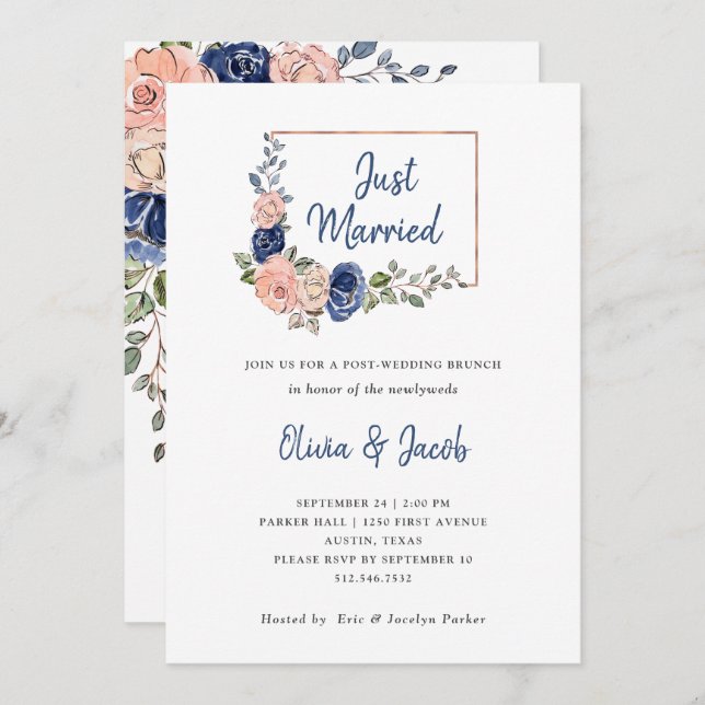 Blush and Navy Floral Geometric | Just Married Invitation (Front/Back)