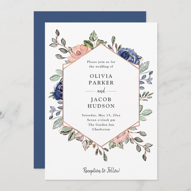 Blush and Navy Floral Geometric | Wedding Invitation (Front/Back)