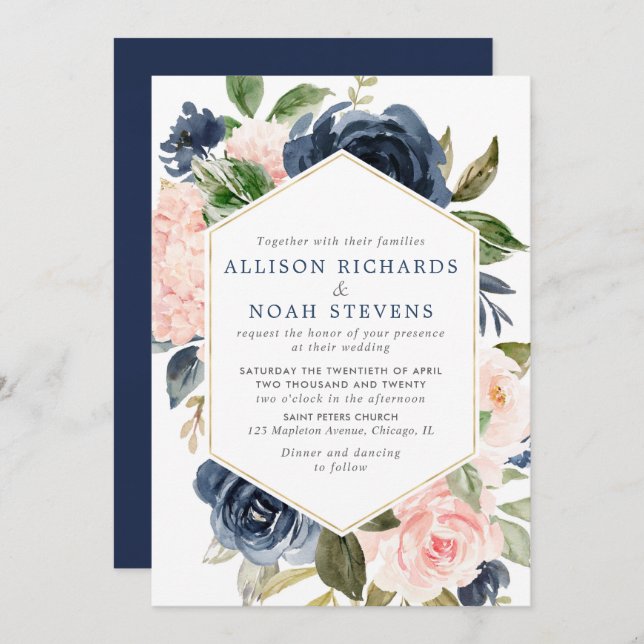 Blush and navy floral watercolors wedding invitation (Front/Back)