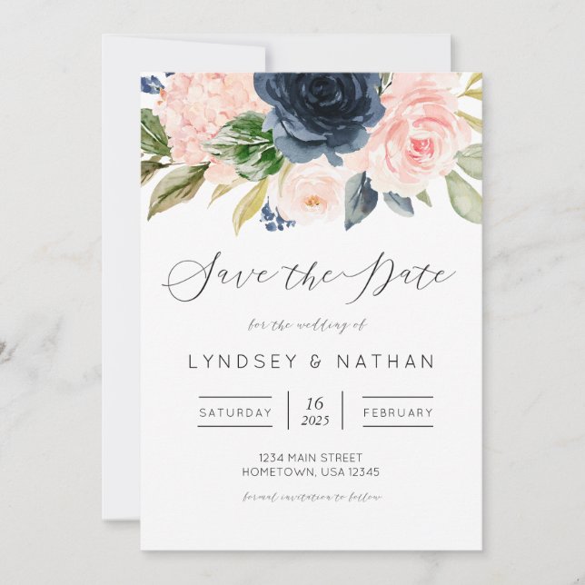 Blush and Navy Floral Wedding Save the Date Invitation (Front)
