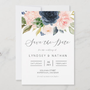 Blush and Navy Floral Wedding Save the Date Invitation