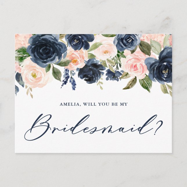 Blush and Navy Floral Will You Be My Bridesmaid Postcard (Front)