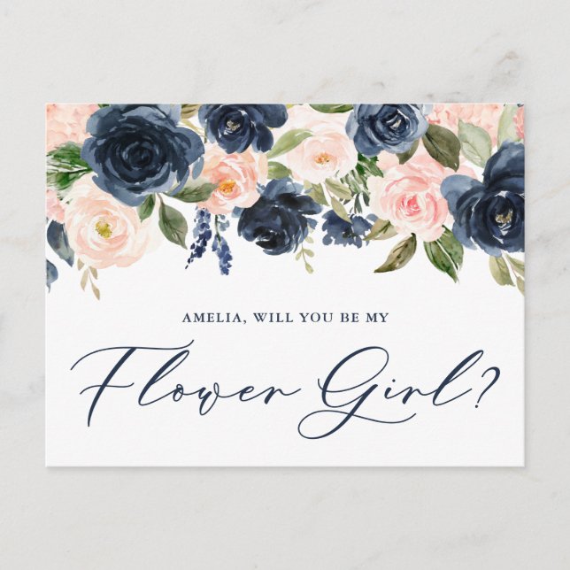 Blush and Navy Floral Will You Be My Flower Girl Postcard (Front)
