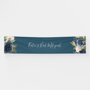 Blush and Navy Flowers Blue Bat Mitzvah Banner