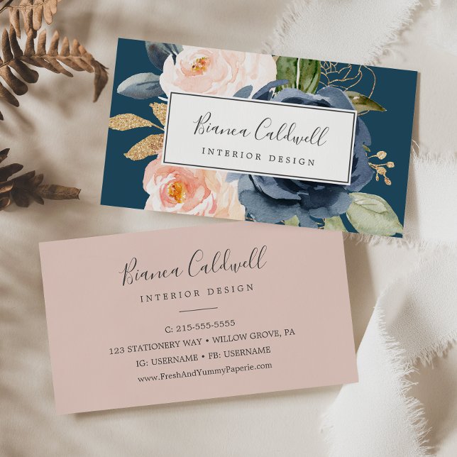 Blush and Navy Flowers | Blue Business Card (Creator Uploaded)