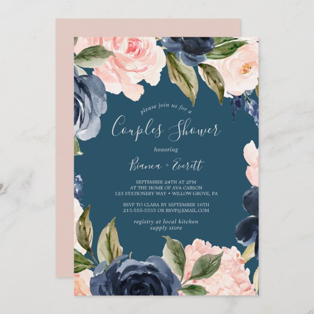 Blush and Navy Flowers | Blue Couples Shower Invitation (Front/Back)
