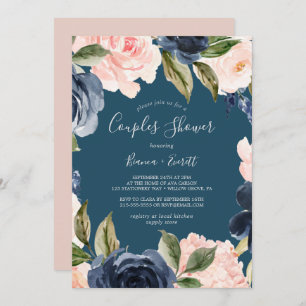 Blush and Navy Flowers Blue Couples Shower Invitation