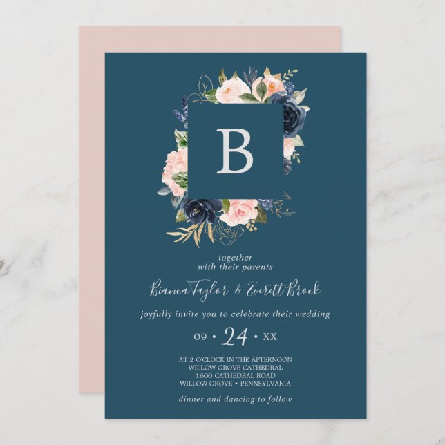Blush and Navy Flowers | Blue Monogram Wedding Invitation (Front/Back)