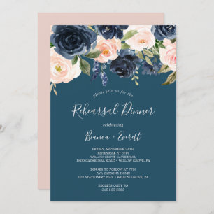 Blush and Navy Flowers Blue Rehearsal Dinner Invitation