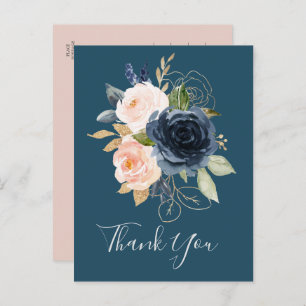 Blush and Navy Flowers   Blue Thank You Postcard