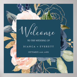 Blush and Navy Flowers Blue Welcome Wedding Poster