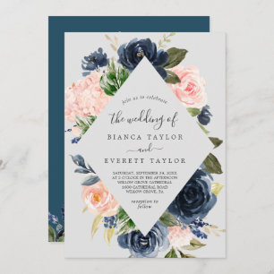 Blush and Navy Flowers   Grey All In One Wedding Invitation