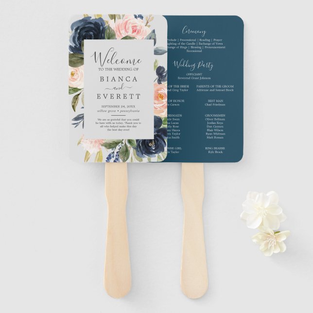 Blush and Navy Flowers | Grey Wedding Program Fan (Front and Back)