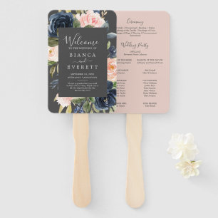 Blush and Navy Flowers Grey Wedding Program Fan