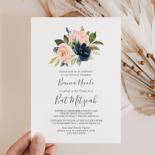 Blush and Navy Flowers White Bat Mitzvah Invitation