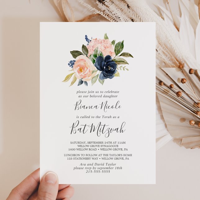 Blush and Navy Flowers | White Bat Mitzvah Invitation (Creator Uploaded)