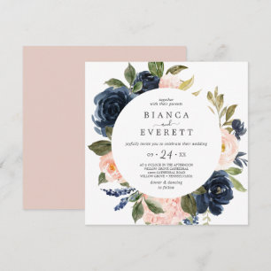 Blush and Navy Flowers White Casual Square Wedding Invitation