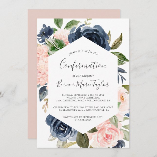 Blush and Navy Flowers | White Confirmation Invitation (Front/Back)
