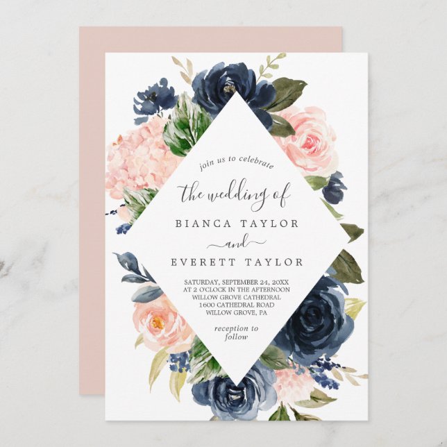 Blush and Navy Flowers | White Diamond Wedding Invitation (Front/Back)