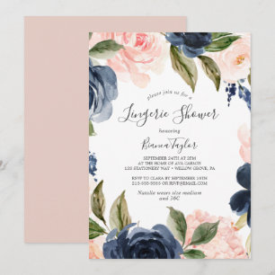 Blush and Navy Flowers   White Lingerie Shower Invitation
