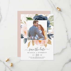 Blush and Navy Flowers White Photo Save the Date