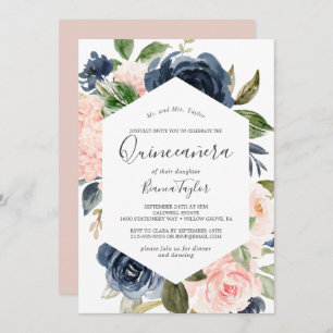 Blush and Navy Flowers   White Quinceañera Invitation
