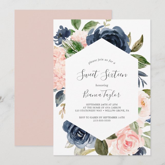 Blush and Navy Flowers | White Sweet Sixteen Invitation (Front/Back)