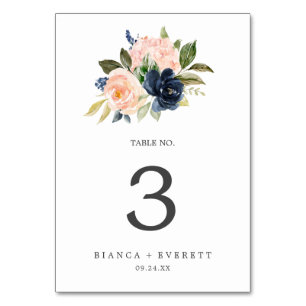 Blush and Navy Flowers   White Table Number