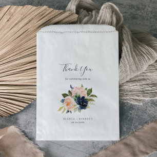 Blush and Navy Flowers White Thank You Wedding Favour Bags