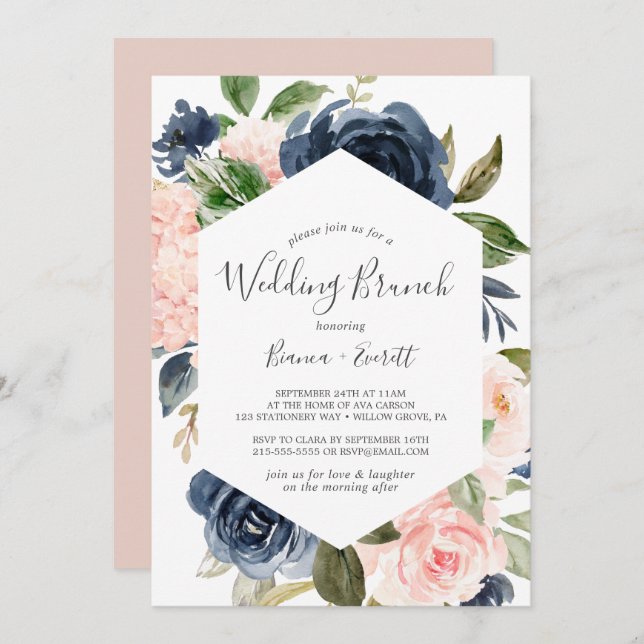 Blush and Navy Flowers White Wedding Brunch Invitation (Front/Back)