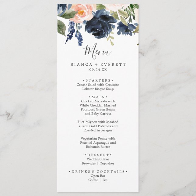 Blush and Navy Flowers | White Wedding Dinner Menu (Front)