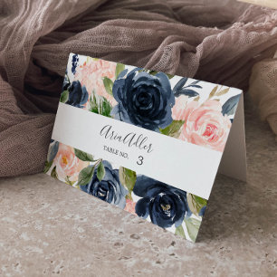 Blush and Navy Flowers   White Wedding Place Cards