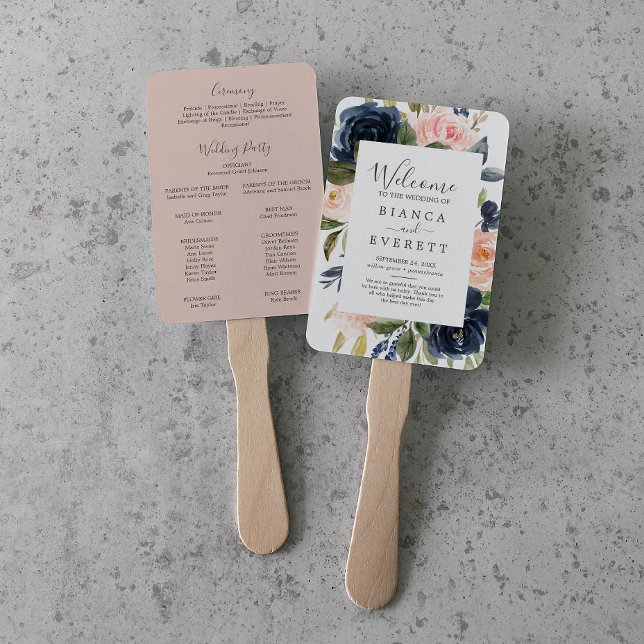 Blush and Navy Flowers | White Wedding Program Fan (Creator Uploaded)